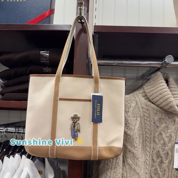 NWT POLO Ralph Lauren Small Polo Bear Canvas Tote Bag Tan Cotton